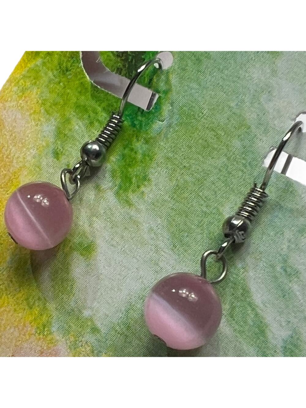 Rose Pink Cat's Eye Drop Earrings Silver Hook Dainty Spring Modern Design